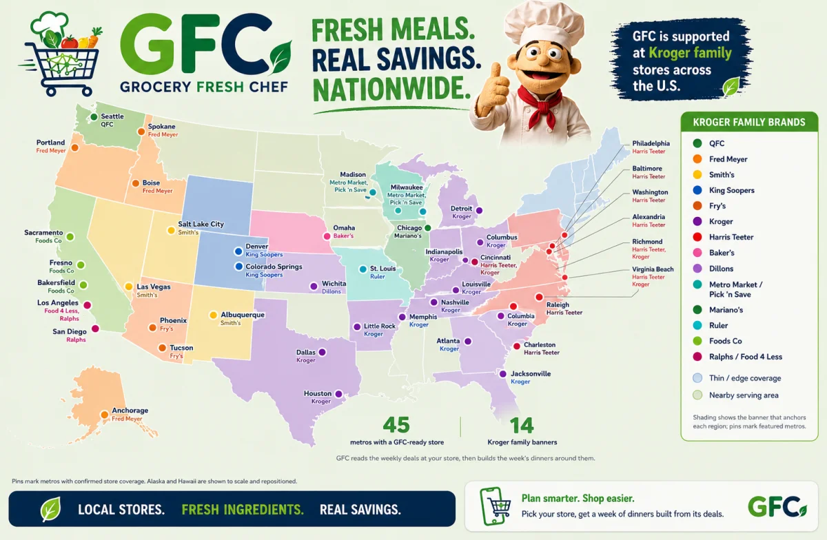 Map of Grocery Fresh Chef coverage across the U.S. — 45 metros and 14 Kroger-family banners including Kroger, Fred Meyer, Ralphs, King Soopers, Smith's, Fry's, Harris Teeter, QFC, Dillons, Mariano's, Baker's, Metro Market / Pick 'n Save, Ruler, and Foods Co