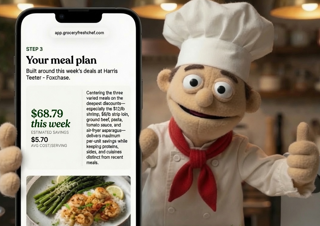 GFC, the Grocery Fresh Chef mascot, in a kitchen