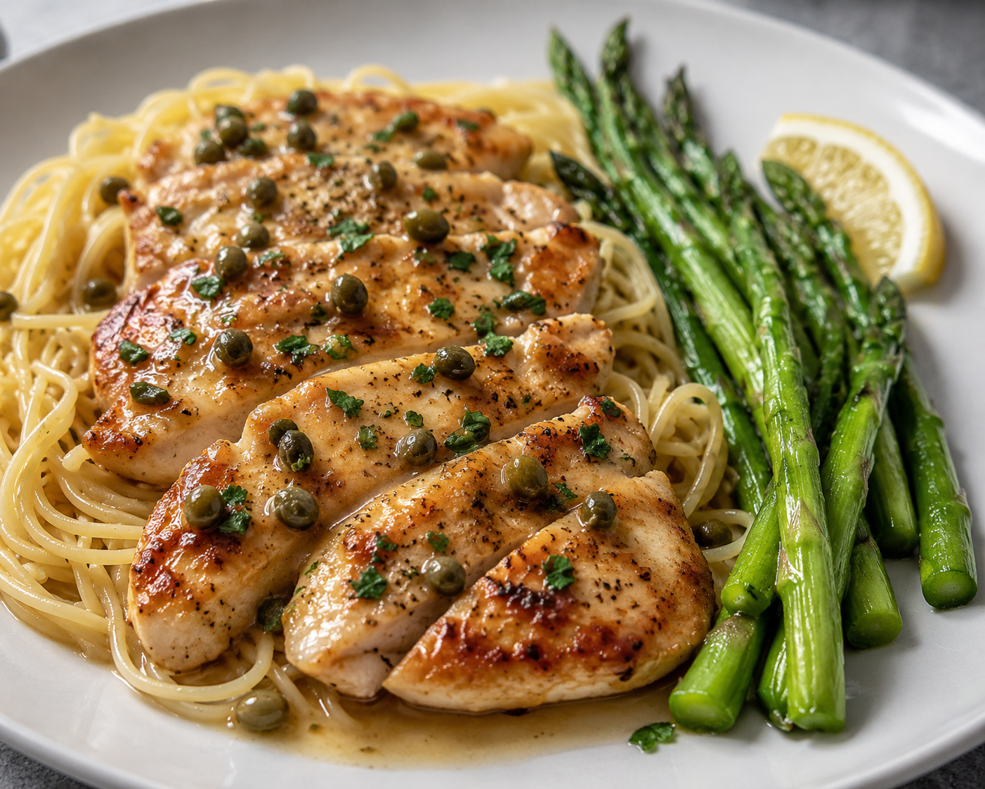 Chicken Picata over Pasta w/ Asparagus