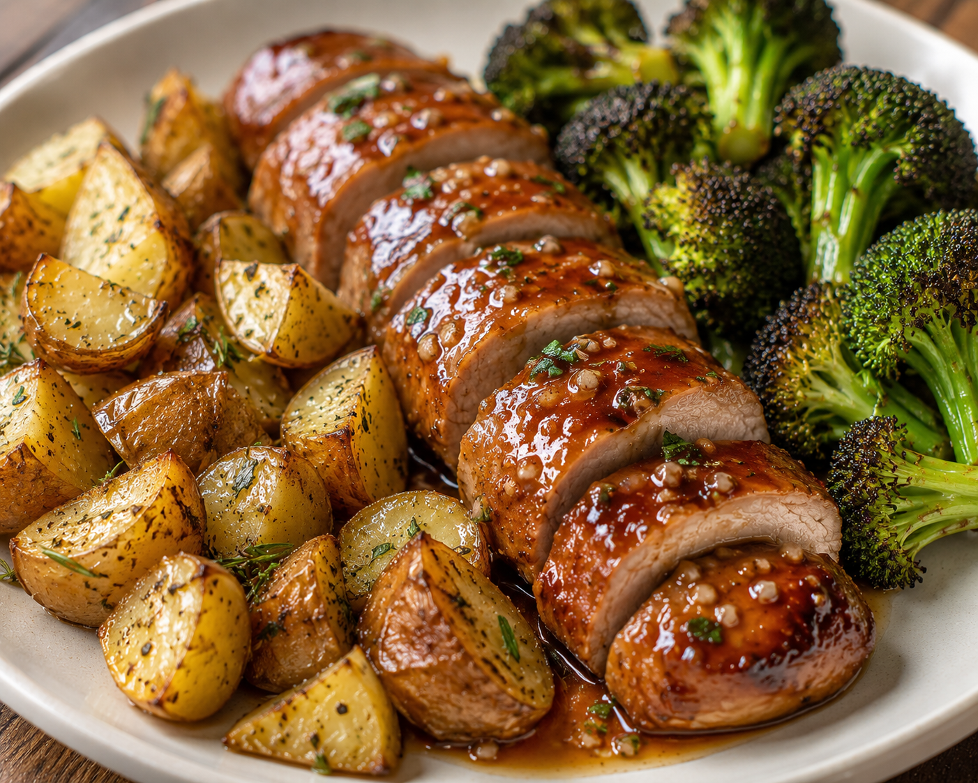 Honey Garlic Pork Tenderloin w Roasted Broccoli and Potatoes