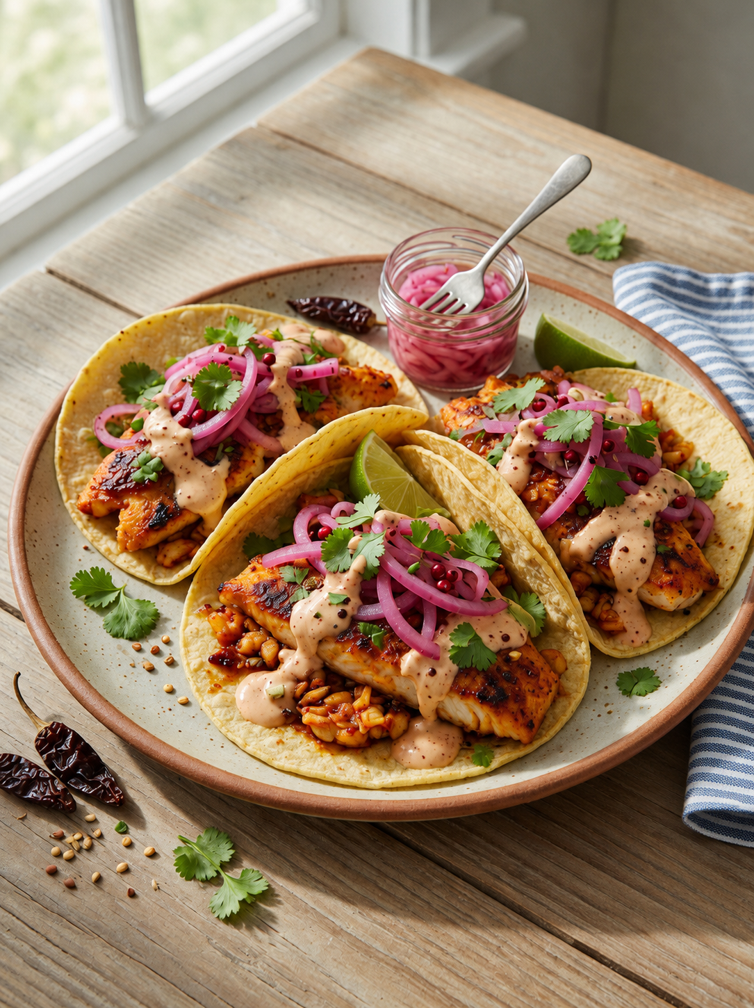 Tilapia Tacos al Pastor with Pickled Onion and Chipotle Crema