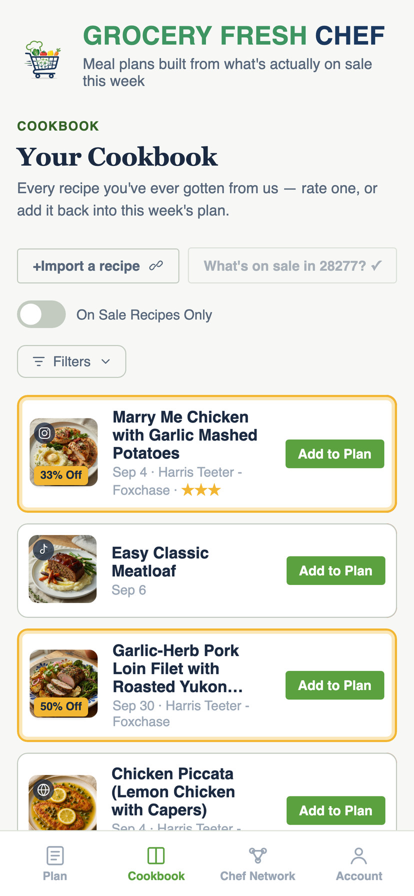 The Grocery Fresh Chef Cookbook after tapping What's on sale: recipes imported from Instagram and from past plans are outlined in yellow with a percent-off badge