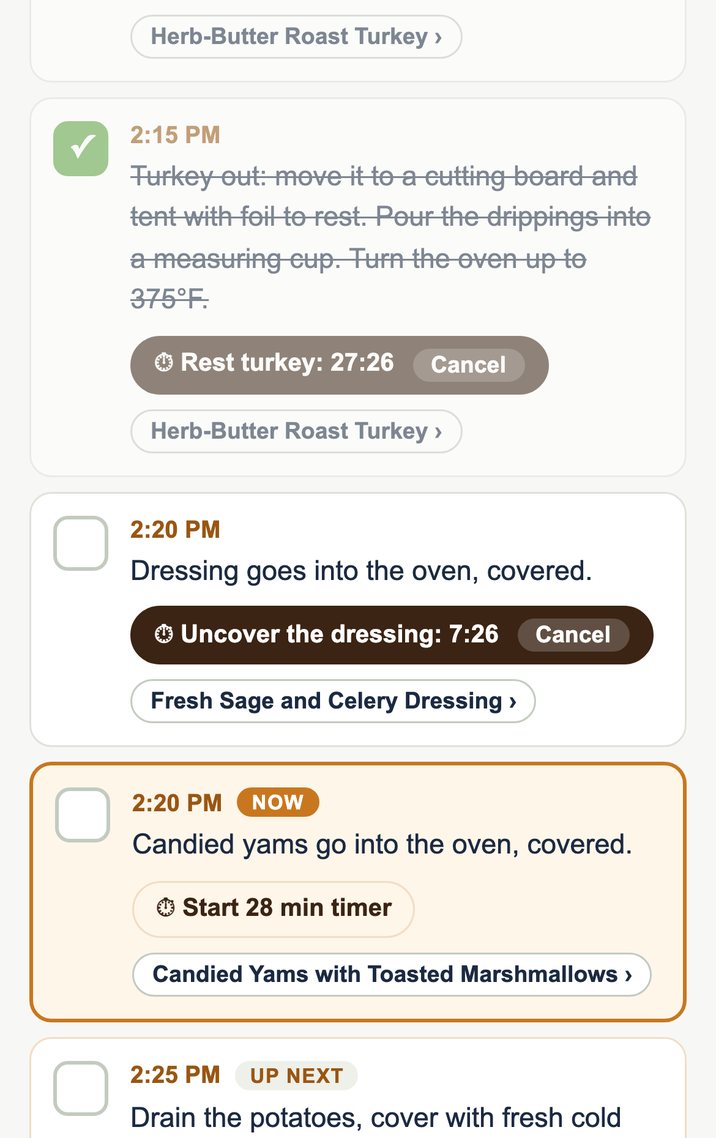 Thanksgiving cooking mode with checked-off steps, a running turkey rest timer and the current step marked Now