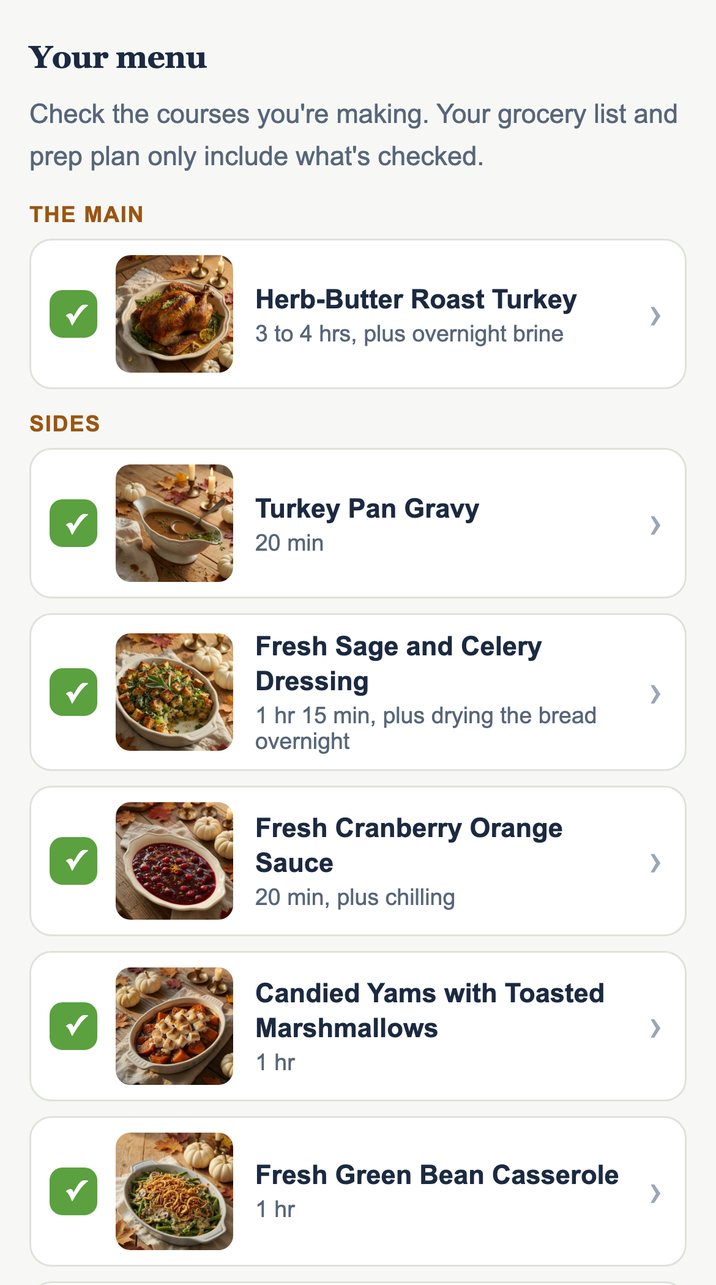 The Thanksgiving menu in Grocery Fresh Chef with a checkbox next to each course