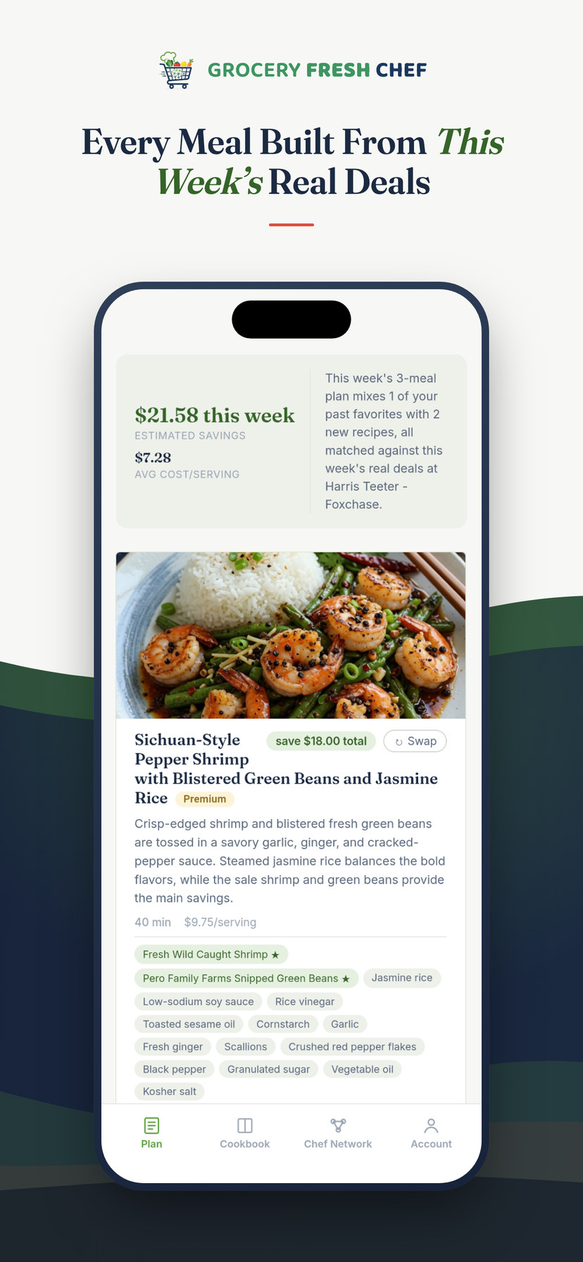 A meal plan mixing saved favorites with new recipes built from this week's deals