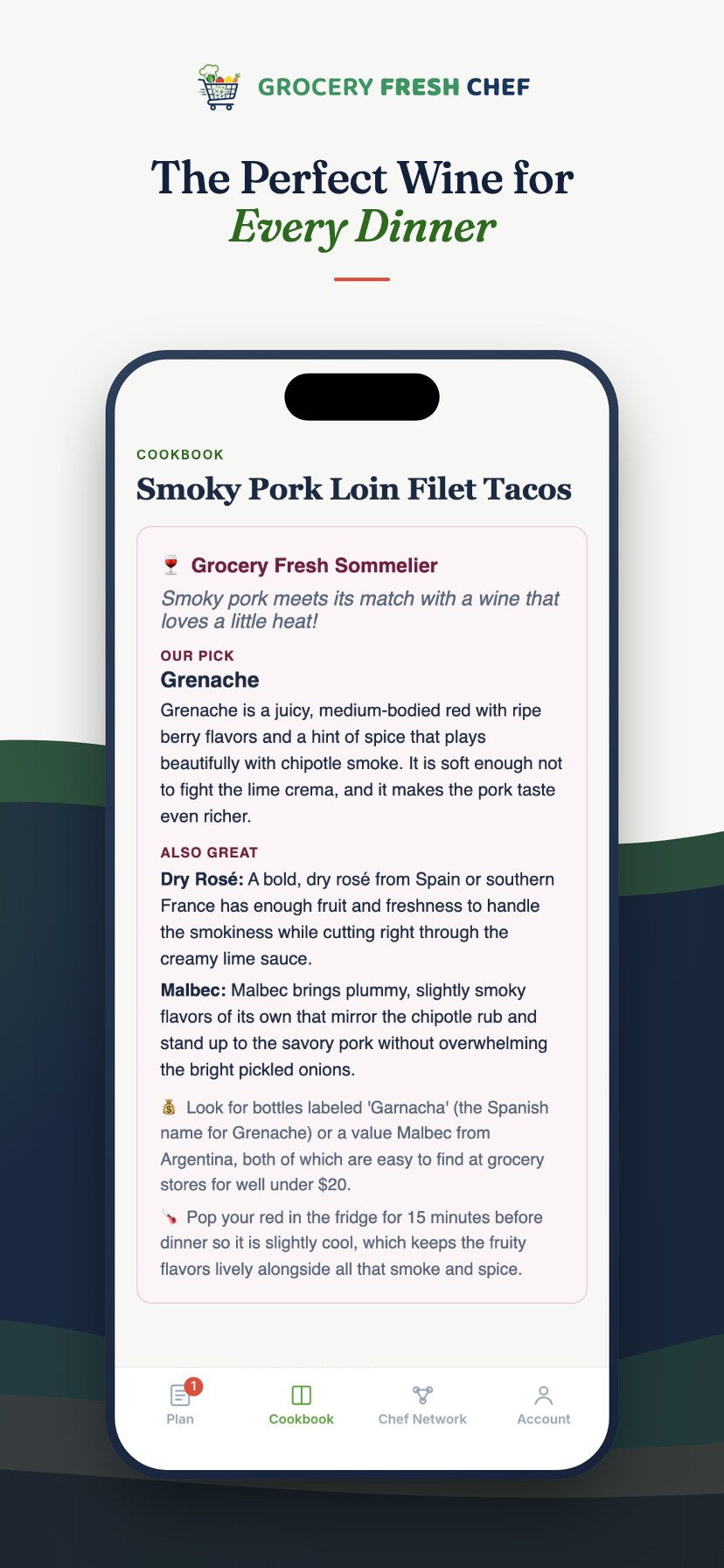 The Grocery Fresh Sommelier recommending Grenache for smoky pork tacos in the Grocery Fresh Chef app