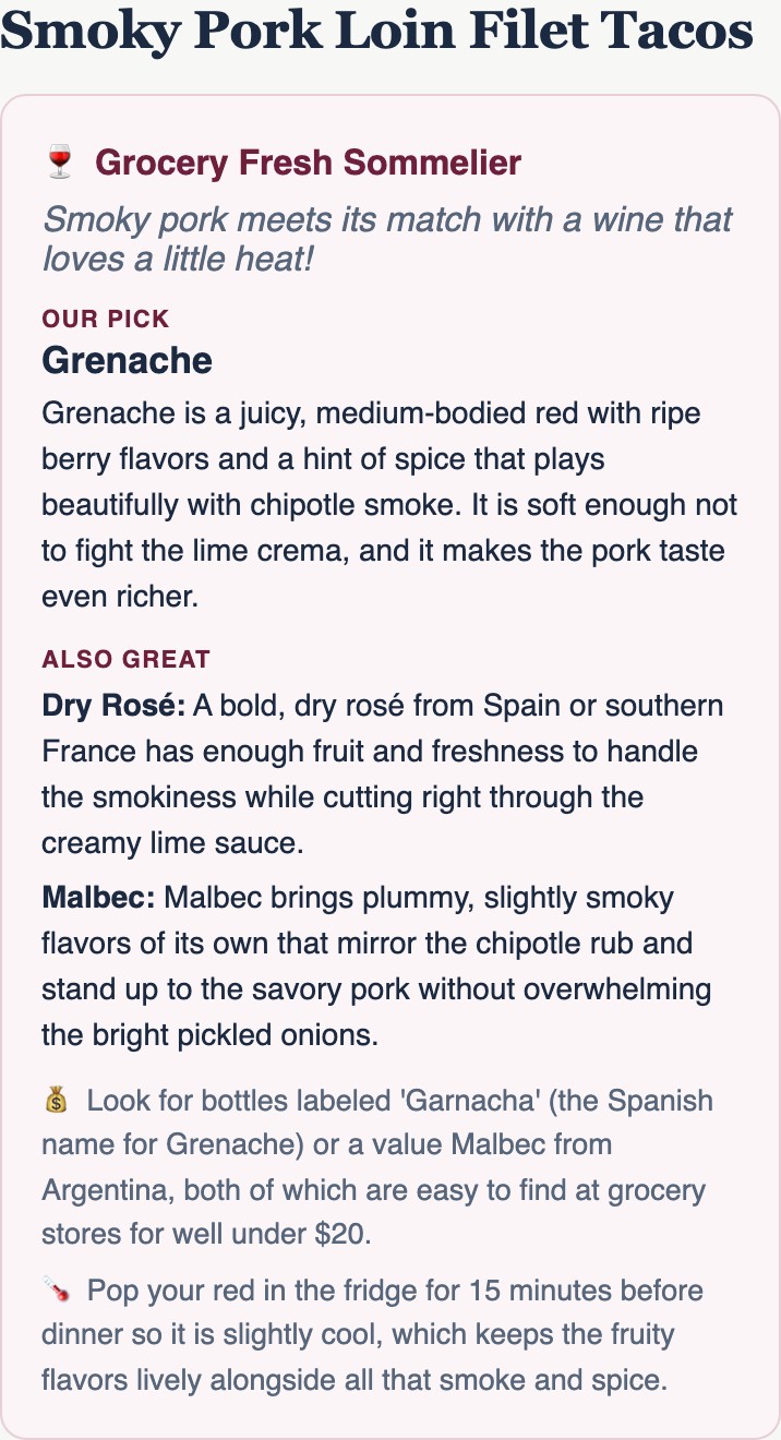 A Sommelier pairing for Smoky Pork Loin Filet Tacos: Grenache as the pick, dry rosé and Malbec as alternatives, plus value and serving tips
