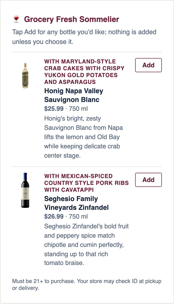 Sommelier picks from the store's wine shelf, one bottle per dinner, each with an Add button