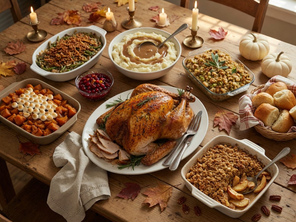 A Thanksgiving table with a roast turkey, mashed potatoes and gravy, dressing, cranberry sauce, candied yams, green bean casserole, rolls and apple crisp